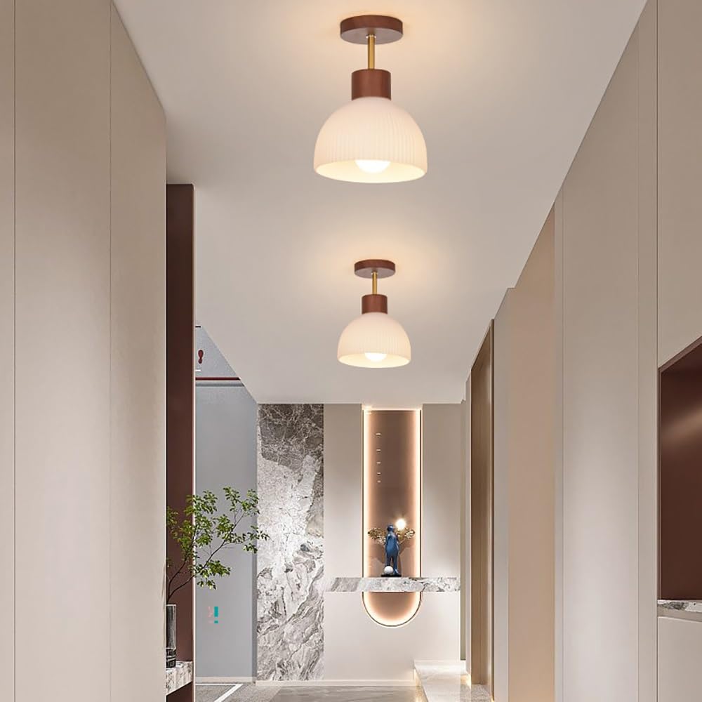 Nordycka Lampy Sufitowa ze Szkła Ryflowanego, Plafon Półkulisty z Drewnem Mid Century Oświetlenie Sufitowe do Przedpokoju(Walnut)
