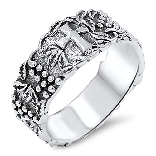 Wide Vineyard Cross Leaf Eternity Ring New .925 Sterling Silver Band Sizes 6-11