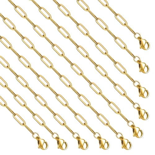 GTVOODX 10 Pack Gold Plated Bulk Necklace Chains for Jewelry Making 20 Inch Paper Clip Stainless Steel Adjustable Charm Necklace Making Kit for Women