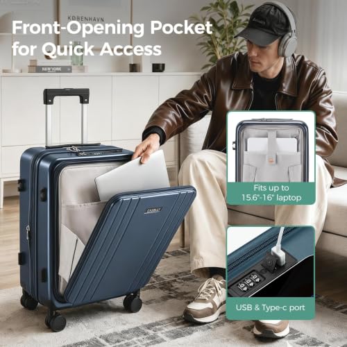 Image of Carry on Luggage Top opening Suitcases, Expandable with Cup&Phone Holder and USB Charging Port,Hardside with Front Pocket Rolling Suitcases with Spinner Wheels & YKK Zippers (Navy, 20 Inch)