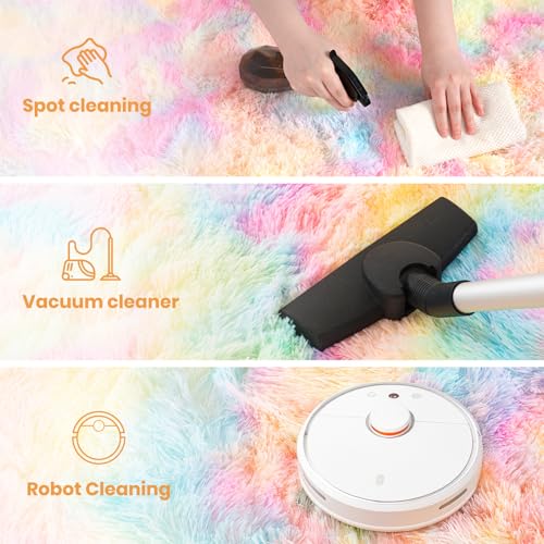 Zentavio Unicorn Rugs for Girls Room 9x12 Area Rugs for Living Room Carpet for Bedroom Washable Soft Fluffy Shag Aesthetic Plush High Pile Rug for Nursery Kids Room Dorm Room Rainbow