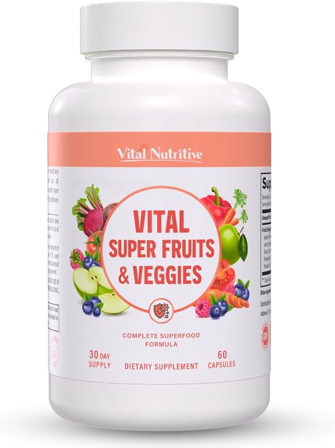 Vital Super Fruits & Veggies - Daily Superfood Capsules for Adults - Fruit and Veggies Supplement to Boost Immunity & Energy - 2-in-1 Formula for Overall Wellness - Fruit and Vegetable Capsules
