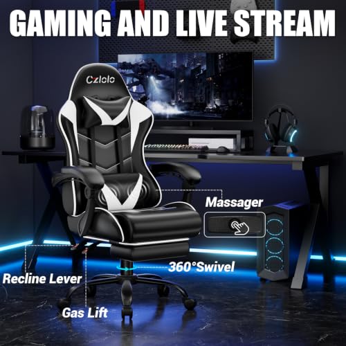 Image of Czlolo Gaming Chair with Footrest Racing Style Lumbar Support Massager Video Game Chair with Metal Legs, High Back Reclining Gamer Chair with Headrest, 360 Swivel Office Computer Desk Chair (White)