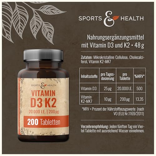 Vitamin D3 K2 Tabletten -200 Tabletten - Vitamin D Hochdosiert 20000 IE + 200µg Vitamin K2-Mk7 - D3 K2 Depot - Vegetarisch - Hochdosiert