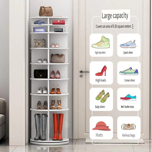 Image of Leavader 8-Tier Round Rotating Shoe Rack Tower, White Spinning Shoe Shelf with Vertical Handbag Rotate Shoes Closet Organization, 360 Shoe Rack Storage Round Carousel