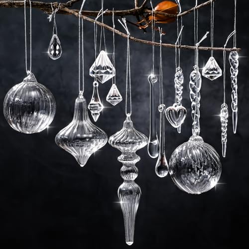 Civaner 32 Pcs Christmas Crystal Ornaments Hanging Clear Glass Plastic Hanging Decor Christmas Icicle Drop Crystal Ornaments for Xmas Tree Winter New Year Party Supplies(Clear)
