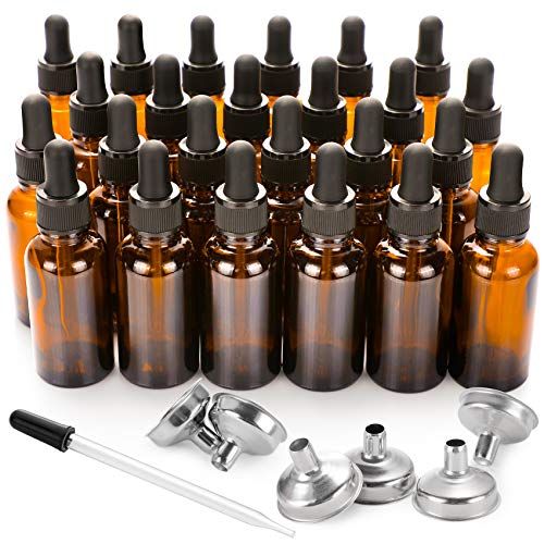 24, 1 oz Dropper Bottles for Essential Oils with 6 Stainless Steel Funnels & 1 Long Glass Dropper - 30ml Amber Glass Bottles with Eye Droppers - Tincture Bottles, Leak Proof Travel Bottles for Liquids
