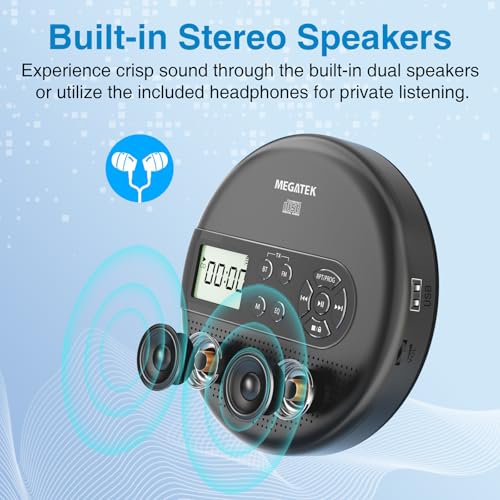 Image of MEGATEK CP27BR Portable CD Player Bluetooth for Car with FM Transmitter, USB, AUX, LCD Display, Anti-Skip, Stereo Speakers, Headphones & Rechargeable Battery - Black