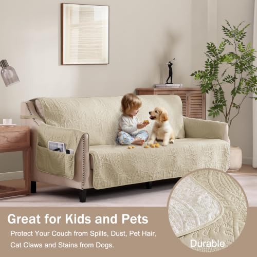 Image of Camel Loveseat Covers 2 Cushion Couch, Water-Repellent Sofa Cover for Love Seat, Washable Quilted Couch Covers, Pet Friendly Sofa Slipcovers (Loveseat 56 inch, Camel)