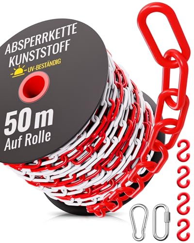 Absperrkette Rot Weiß Kunststoff - UV-Beständig & Witterungsfest Inkl. 4x S-Haken 1x Karabiner & Schraub-Karabiner Absperrkette Kunststoff 50m zur Absperrung im Außenbereich - Absperrkette 50m
