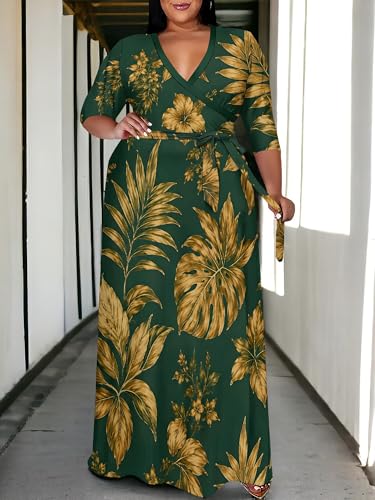 Image of PinkPatty Women's Plus Size Maxi Dress Print 3 /4 Sleeves V Neck Party Sundress Wedding Guest Dresses
