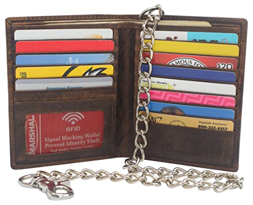 MARSHAL Vintage Leather RFID Blocking Hipster Bifold Biker Long Chain Men's Wallet (Brown With 15inch Nickle Chain)2