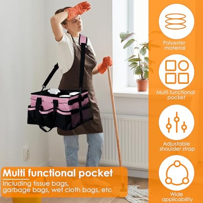 Wearable Cleaning Caddy Bag, Organizer Tote for Cleaning Supplies with Handle & Shoulder Straps, Built-in Sturdy Support Board, Under Sink & Car Cleaning Tool Organizers Bag for Housekeeper (Pink)