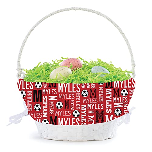Personalized Soccer Easter Egg Basket with Handle and Custom Name | Red Easter Basket Liners | White Basket | Woven Easter Baskets for Kids | Customized Easter Basket
