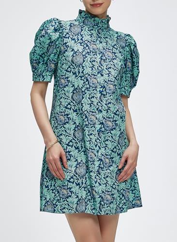 Ladyful Women's Summer Floral Dress Short Sleeve Button Down Shirt Mini Dress Ruffle Mock Neck Shift Sundress2