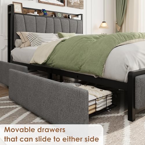 Image of GAOMON Queen Size Bed Frame with Storage Headboard and 2 Drawers, Linen Upholstered Platform Bed Frame with Charging Station, Heavy Duty, No Box Spring Needed, Easy Assembly, Noise Free, Grey&Brown