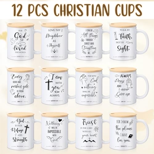 Set de 12 tazas cerámicas religiosas con tapa y cuchara miniatura 7