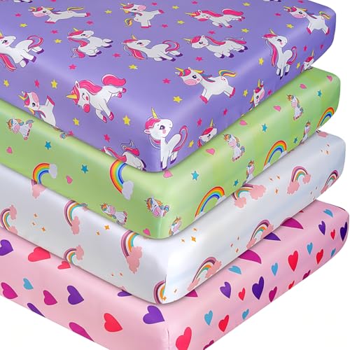 Image of Unicorn Crib Sheet Set, Fitted Crib Sheets Girl, 4 Pack Breathable Soft Microfiber Baby Crib Sheets, 28 X 52 in Crib Mattress Sheets for Standard Crib & Toddler Mattress
