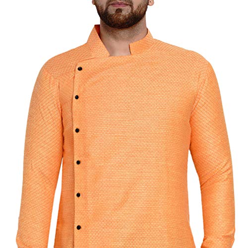Image of Veera Paridhaan Men's Ethnic Poly Cotton Full Sleeve Textured Side Button Long Kurta(Orange)