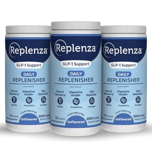 Replenza Daily Replenisher GLP-1 Nutritional Support Powder Muscle Recovery Digestive Health & Skin Elasticity Mix of Amino Acids Prebiotics and Collagen Peptides Unflavored 3 Pack