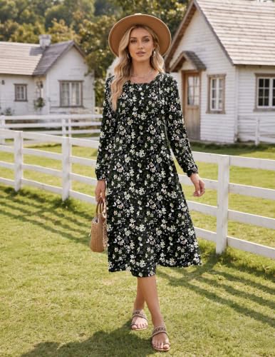 Image of Zeagoo Fall Dresses for Women Long Sleeve Midi Dress Casual A Line Dresses 2026 Pleated Flare Dress with Pockets