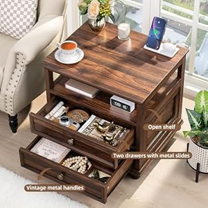 Farmhouse nightstand with charging station 24 wide end table with 2 drawers dresser for bedroom bed side table chest of drawers cabinetbrown wood night stand for living room closet  urban country home decor