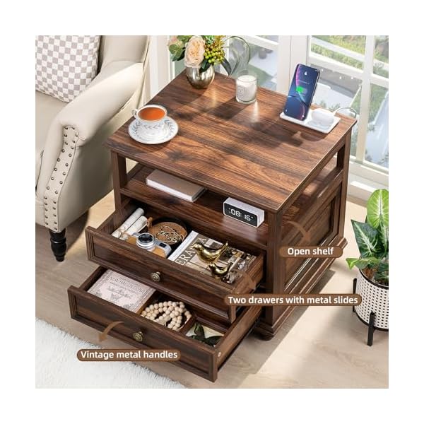 Farmhouse nightstand with charging station 24 wide end table with 2 drawers dresser for bedroom bed side table chest of drawers cabinetbrown wood night stand for living room closet  urban country home decor