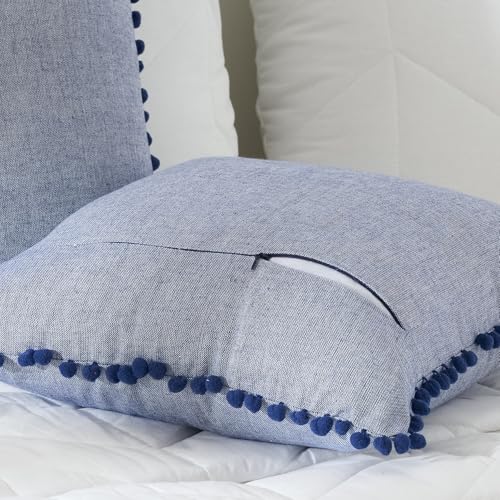 Image of 100% Cotton Pom Pom Cushion with Filler, Elegant & Modern Cushion Cover for Living Room, Square Shape, 16 inchx16 inch, uni Chambray, Set of 2 - Navy