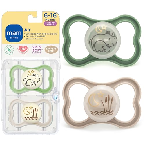 Image of MAM Air Pacifier for Babies 6-16 Months, Extra Air Flow for Sensitive Skin, Glows in The Dark, Developed with Medical Experts, BPA-Free Skin Soft Silicone, 2 Count, Made in Europe