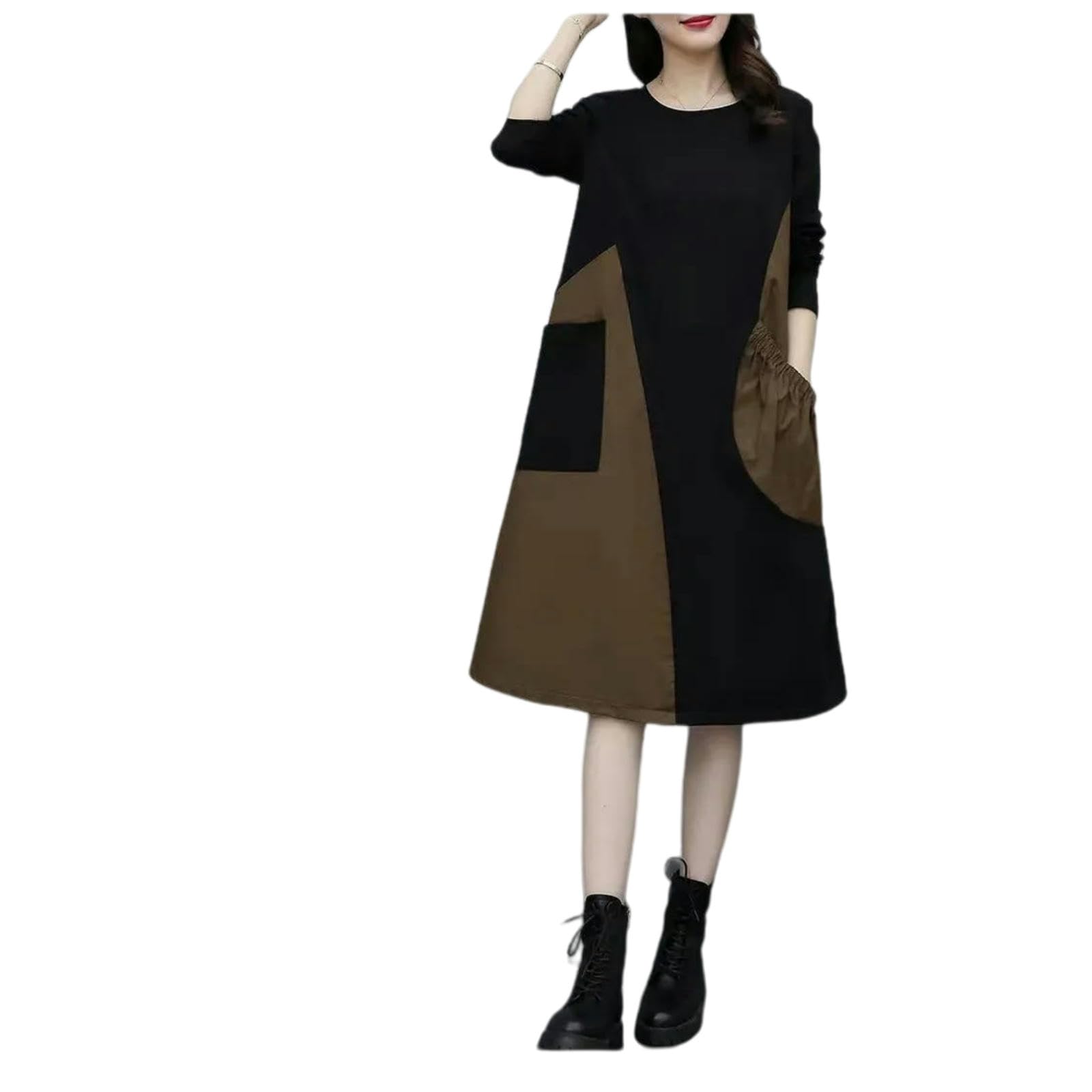 Vestiti a Maniche Lunghe Abito Blocco Colori da Donna, Pancia in Forma Sciolta Che Copre Il Maxi Abito, Autunnale Dimagrante alla Moda, Nuovo Vestito Casual di Arrivo