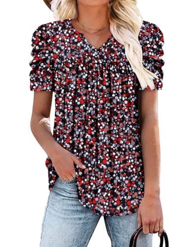 KISSMODA Tops for Womens Summer Cute Short Sleeve Shirts Trendy Notched Neck Blouses Casual Loose Pleated Tunics S-3Xl