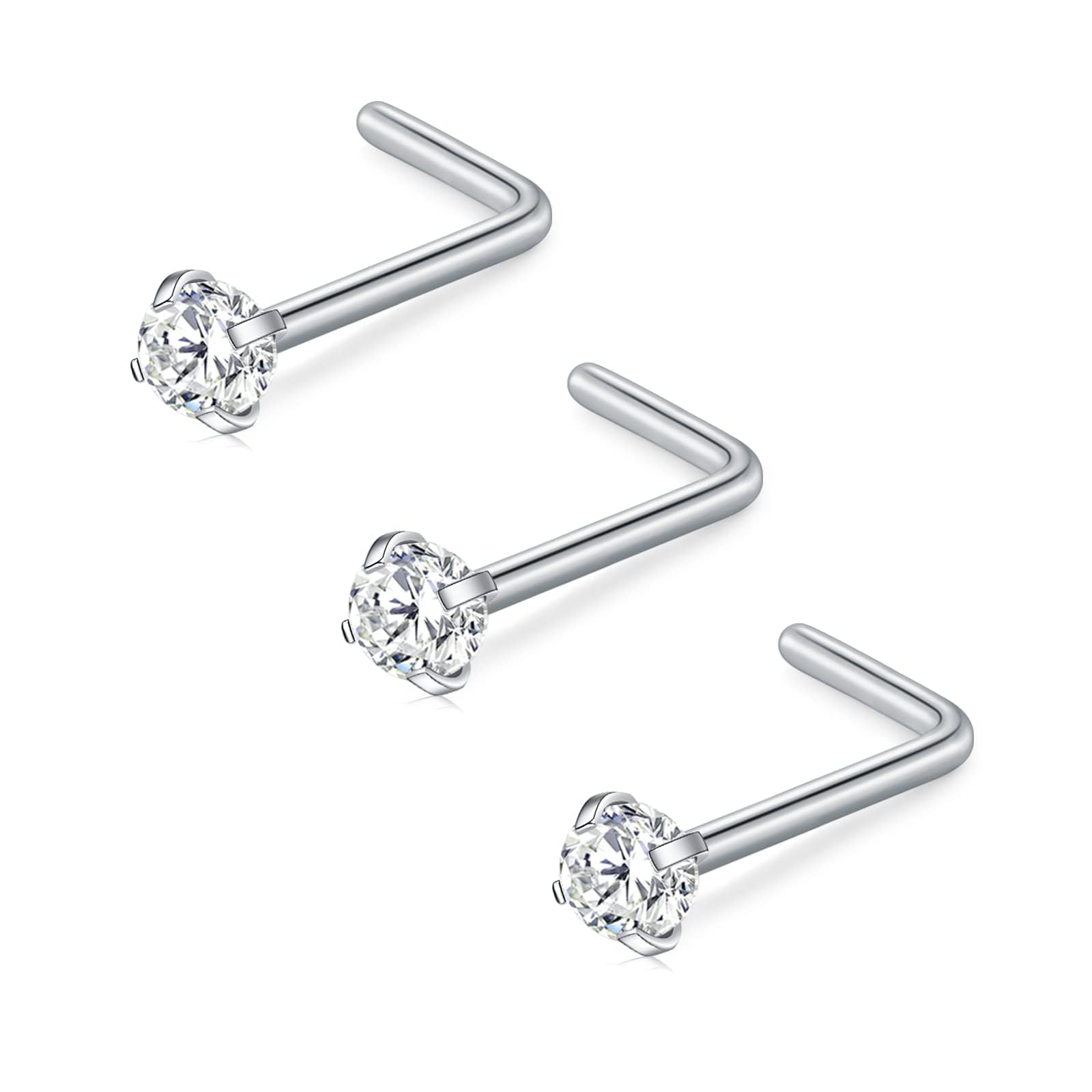 FECTAS Nose Stud L Shape Nose Ring Stud Nose Bar 18G 20G 1.5mm 2mm 2.5mm 3mm L Shaped Nose Piercing Jewellery Stainless Steel Clear Pink Blue Round Star Heart Diamond Silver Gold Black — view 11