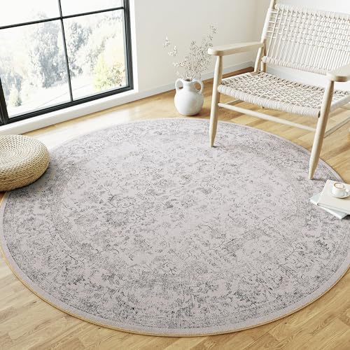 Grey Round Area Rug 3ft Entryway Door Mat Small Circle 3x3 Kitchen Vintage Carpet Non Slip Indoor Bedroom Washable Distressed Floral Retro Accent Throw Rug Office Bathroom