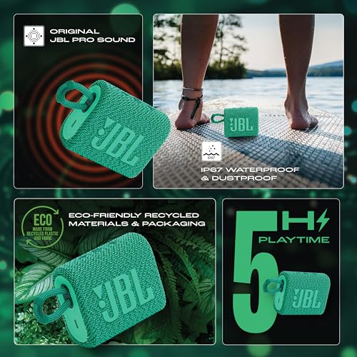 Image of JBL Go 3 Eco with eco-Friendly Recycled Materials and Packaging, Wireless Portable Bluetooth Speaker, Pro Sound, Vibrant Colors with Rugged Fabric Design, Waterproof, Type C (Without Mic, Green)
