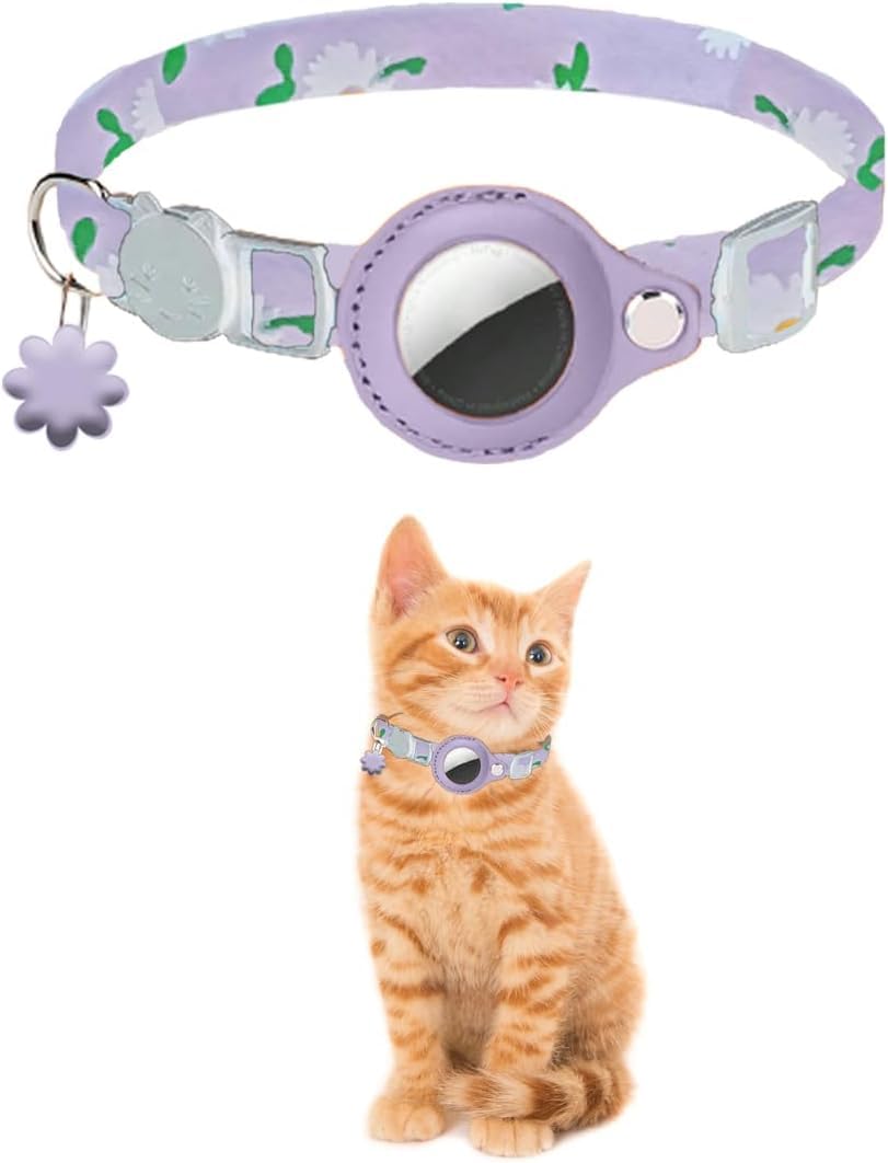 PF Doggy CUIDA DE ÉL Collar de Seguridad Antiestrangulación PF Doggy con Hebilla para Seguimiento GPS Apple AirTags para Gatitos, Gatos, Perros Pequeños. ¡GPS Cat AirTag no Incluido! (Rosa con Flores