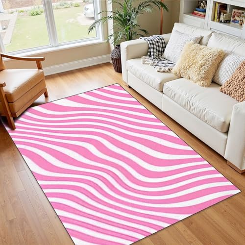 4x5 Pink Boho Rug Rugs for Living Room Rugs for Entryway Cute Light Pink White Abstract Wavy Diagonal Lines Creative Bedroom Rug for Girls Door Mat Nursery Room Decor Rainbow Carpet