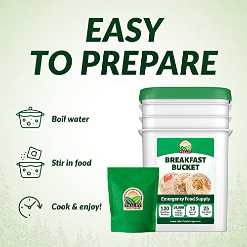 Image of Valley Food Storage 120 Serving Breakfast Bucket | Emergency Food Supply with Easy Prep Breakfast Meals | 25 Year Shelf Life | Camping Food, Prepper Supplies & Long Term Storage | Packaged in USA