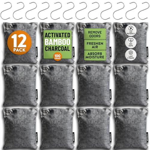 Activated Bamboo Charcoal Odor Absorber Bags for Strong Odors - 12 Pack Large 100g Air Purifying...