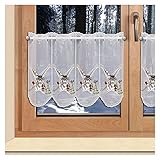 SeGaTeX home fashion Bestickte Scheibengardine Fröhlicher Schneemann mit Vögelchen Winter- und Weihnachtsdeko aus Plauener Spitze