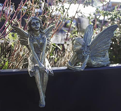 garden mile 2pc Winged Fairies Garden Ornaments Sitting & Laying Fairy Decorations Indoor or Outdoor Fairy Garden Statues Bronze Effect Resin Décor Vintage Antique Finish