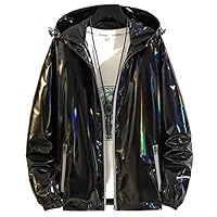 Metallic Jas Mannen Sequin Hooded Jacket Waterdichte Lichtgewicht Zip Up Lange Mouw Lapel Cardigan Coat (Color : Silver, Size : M