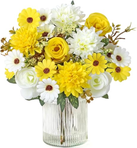 Image of Artificial Flower Bouquet for Home Decoration - 2 Pcs Faux Rose & Daisy Bouquet (Without Pot) Artificial Flowers for Living Room, Bedroom, Office, Vase Decoration (Yellow)