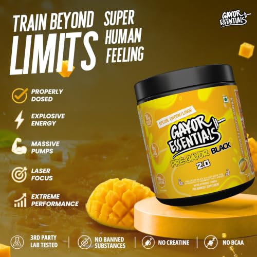 Image of Gayor Essentials Pre gayor black 2.0 Pre Workout High Stim Energy, Focus & Muscle Pump, 200mg Caffeine, 10g Citrulline Malate, 6g Beta Alanine, L-Theanine Performance Formula (Mango Slush, 338g)