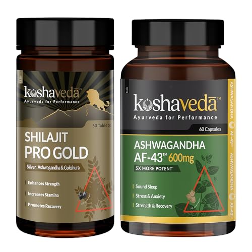 Image of Koshaveda Shilajit Pro Gold (60 Tablets) with Ashwagandha AF-43 600mg (60 Capsules) | for Strength & Recovery