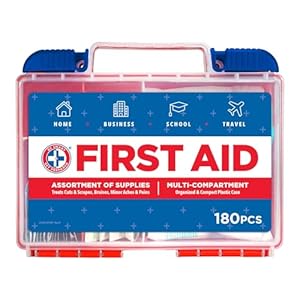 Be Smart Get Prepared 180 Piece First Aid Kit: Clean, Treat, Protect Minor Cuts, Scrapes. Home, Office, Car, School, Business, Travel, Emergency, Survival, Hunting, Outdoor, Camping & Sports, FSA HSA