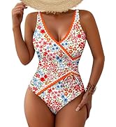 Pink Queen Womens One Piece Swimsuits Sexy V Neck Adjustable Drawstring Ruched Bathing Suit Swimw...