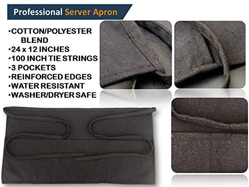 Server Books for Waitress - Server Apron Included- Black Server Book with Zipper Pocket - Waitress Book with Money Pocket - Server Aprons with 3 Pockets - Waiter Book and Apron - Check Presenter
