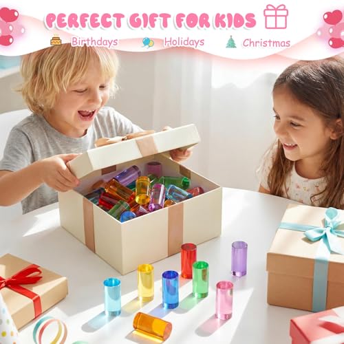 Image of Meooeck 10 Pcs Rainbow Acrylic Cylinder Blocks, Translucent Colored Gem Blocks Building Stacking Sensory Train Prims Toys for Toddler Kids Montessori School Classroom Supplies
