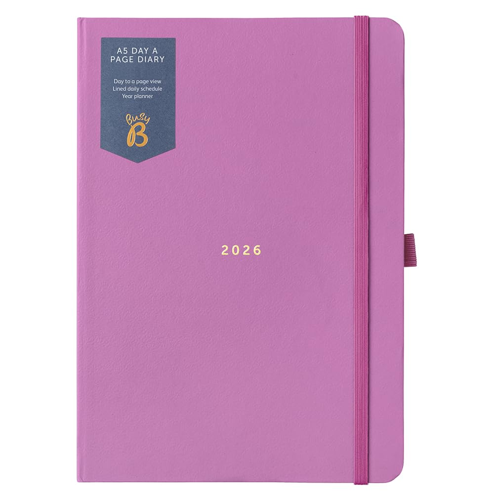 Busy B - A5 Terminkalender 2026 - Tagesplaner für Schüler, Berufstätige und Lehrer - Fuchsia mit Goldfolienverzierung und Lesebändchen - Organizer für den Schreibtisch oder die Handtasche
