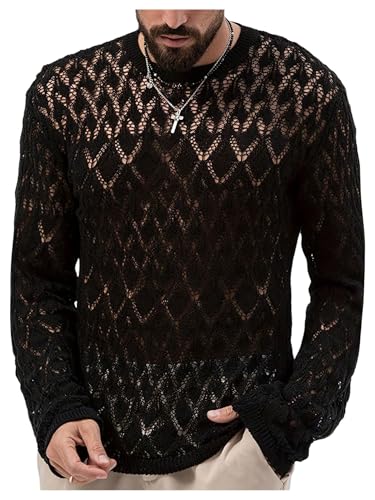Floerns Men's Hollow Out Knitted Sweater Long Sleeve Undershirt Street Club Pullover Tops Black X-Large